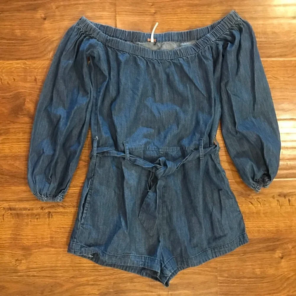 Free People denim off the shoulder Romper